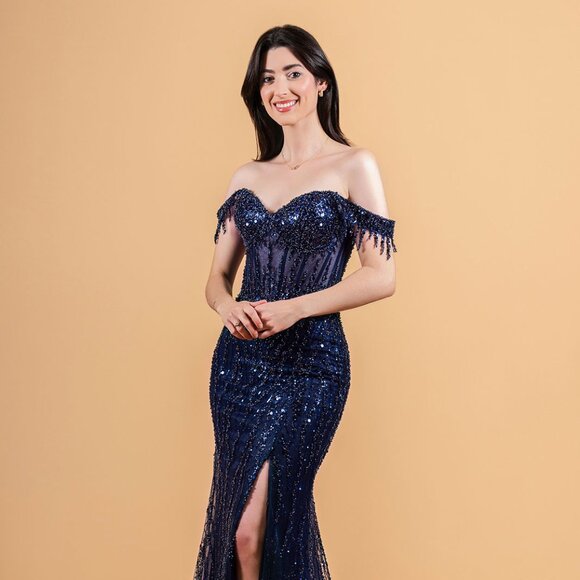 New Elegant Off Shoulder Tulle Dress w/ Beads Embroidery & Sheer Bodice GL3620